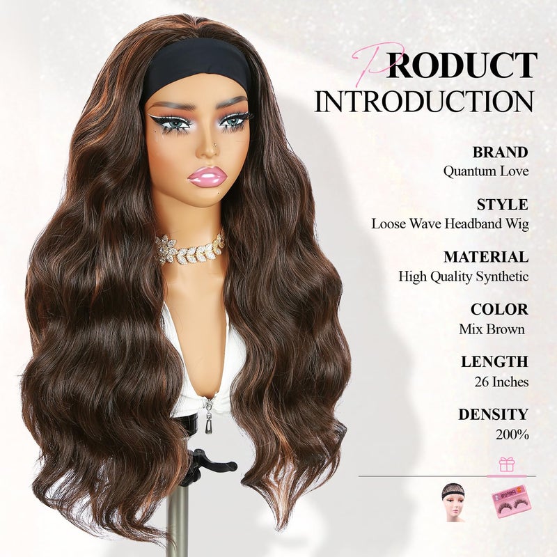 Quantum Love Long Curly Headband Wigs Synthetic Body Wave Headband Wigs for Black Women 26Inch Wear and Go Glueless Half Wig with Headbands Attached - Image 3